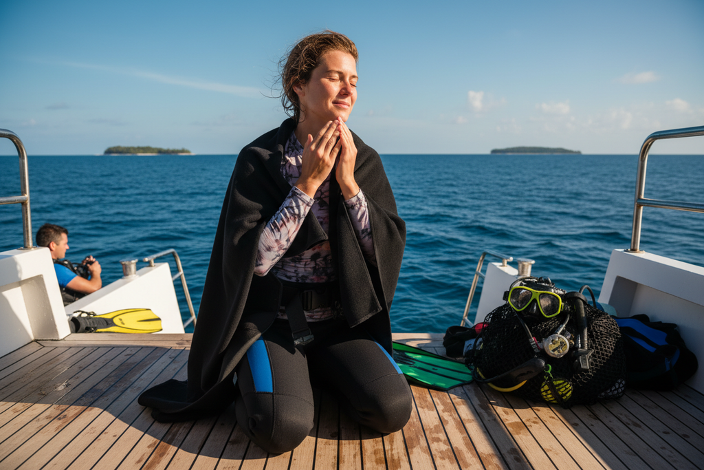 Swim Chamois Towels - diver drying off on boat deck
