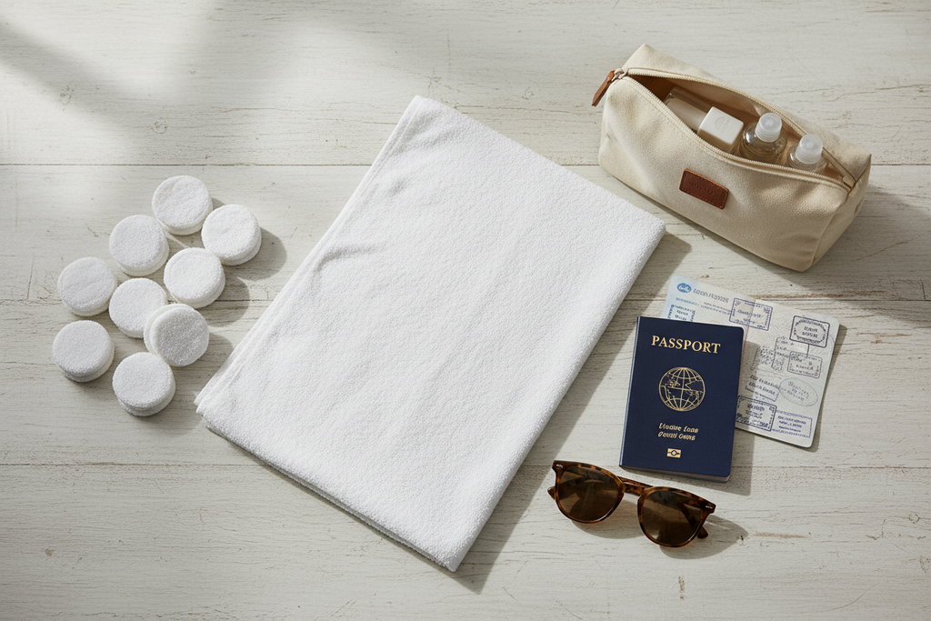 Disposable Travel Towel Set - travel flat lay with passport and toiletries