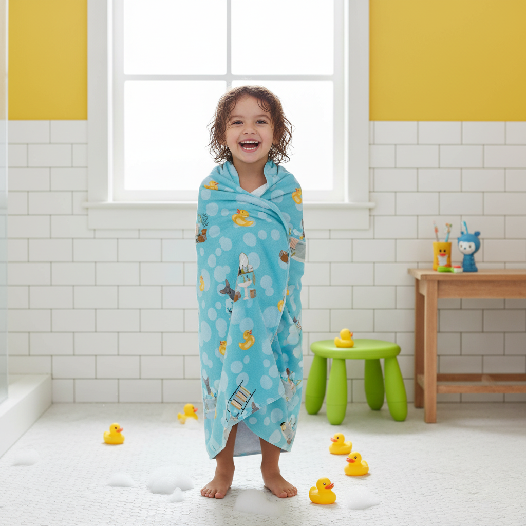 Child wrapped in blue Chihuahua novelty bath towel