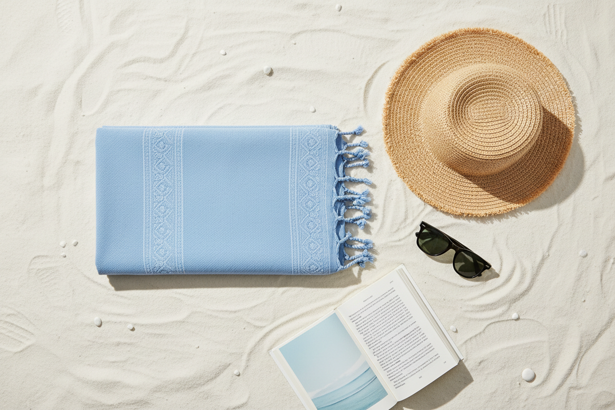 Sky blue Turkish peshtemal towel - overhead flat lay on white sand with hat and sunglasses