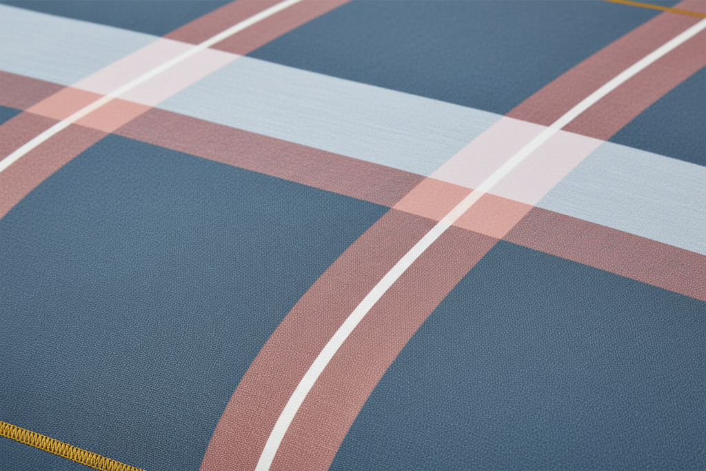 Close-up detail of blue plaid cotton sheet fabric showing steel blue base with pink white and yellow stripe pattern