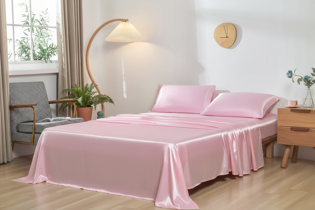 Pink satin sheet set on double bed with matching pillowcases