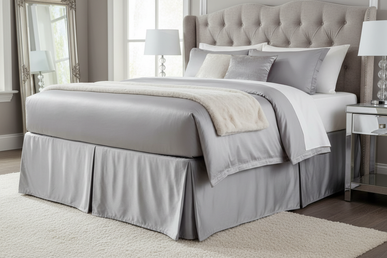 Silver pleated microfiber bed skirt on bed