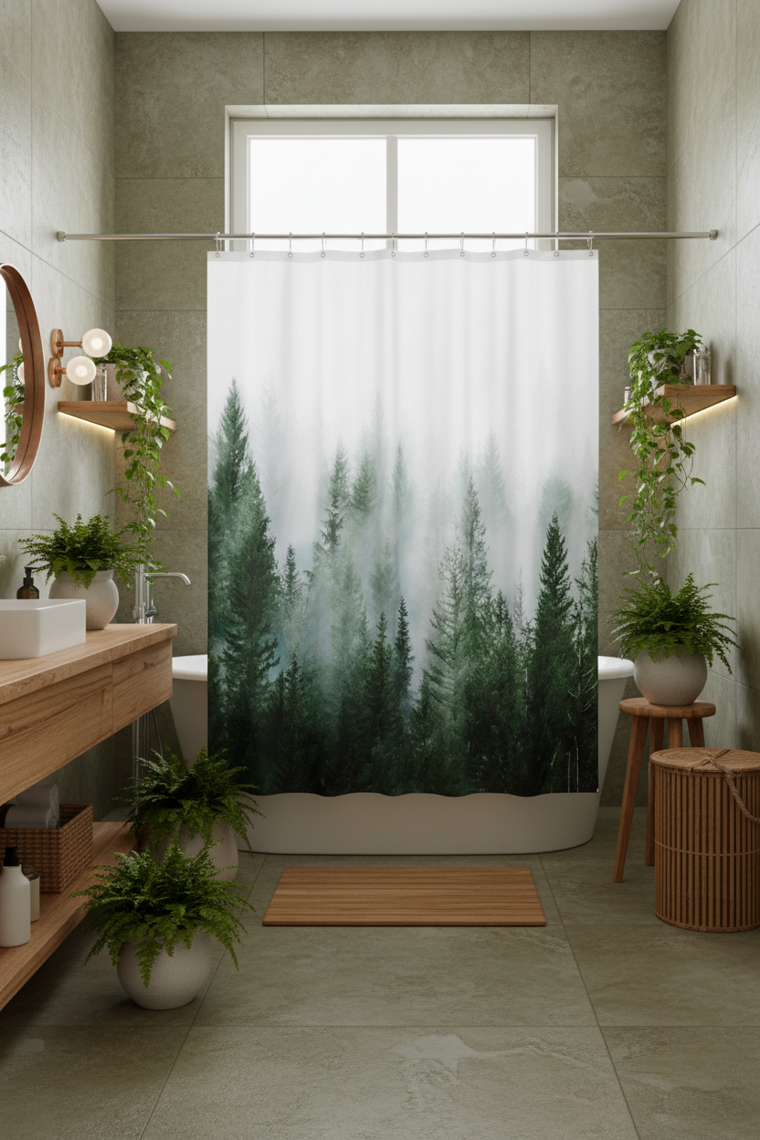 Misty forest shower curtain in biophilic bathroom with ferns, trailing plants and stone tiles
