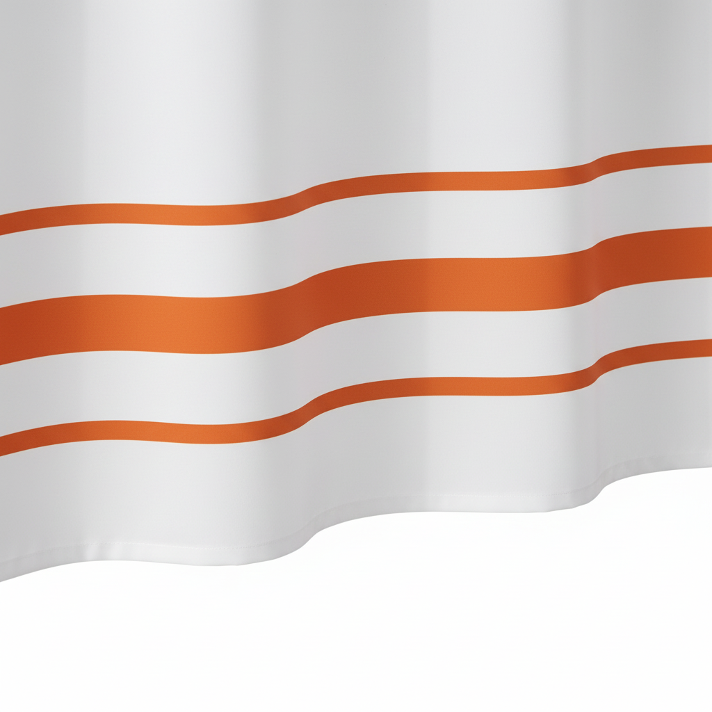 Close-up of white shower curtain fabric showing bold orange horizontal stripe border detail at the hem