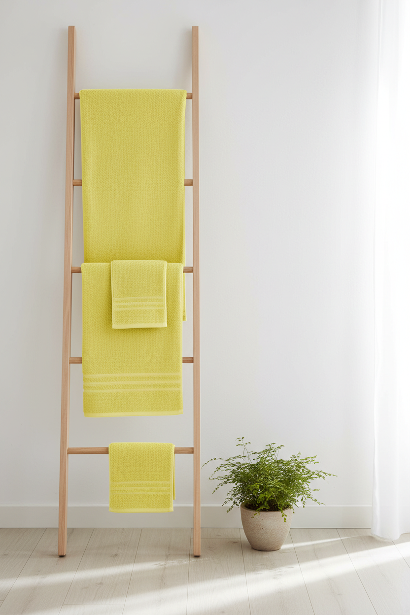 Yellow cotton bath towels draped over wooden ladder rack in Scandinavian bathroom