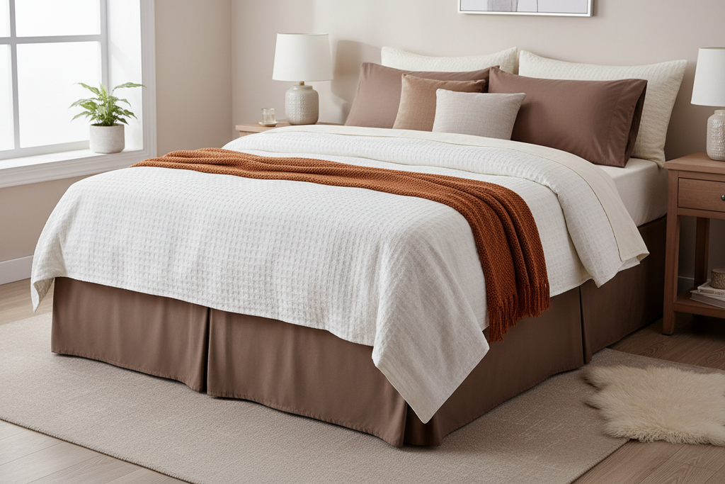 Brown pleated microfiber bed skirt on bed