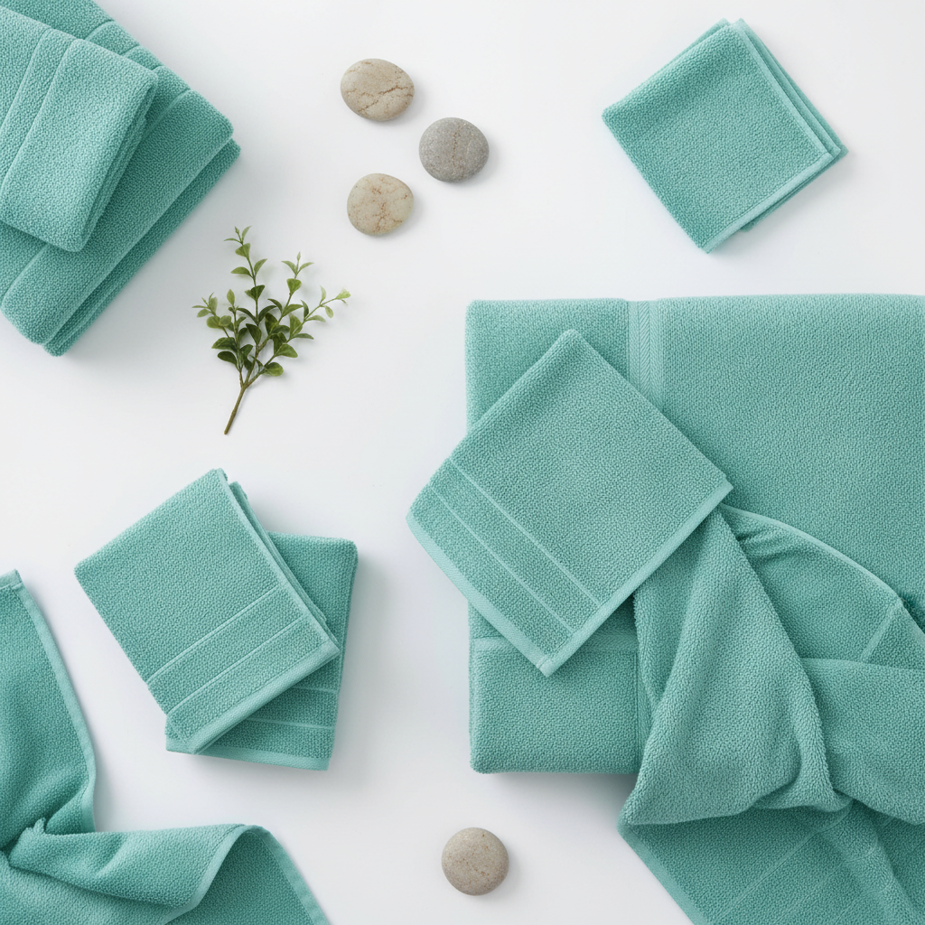 Aqua sky 18-piece cotton towel set flat lay with green plant and pebbles