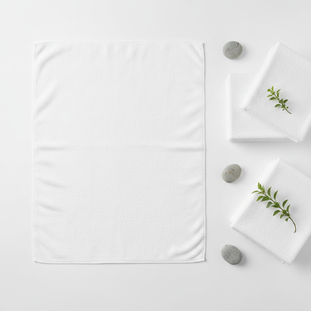 White disposable body towel flat lay with natural pebbles and plant sprig