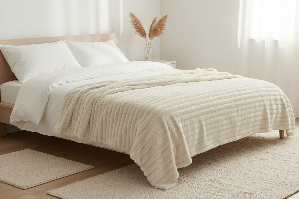Striped Faux Fur Throw Blanket folded at the foot of a bed in a Scandinavian bedroom