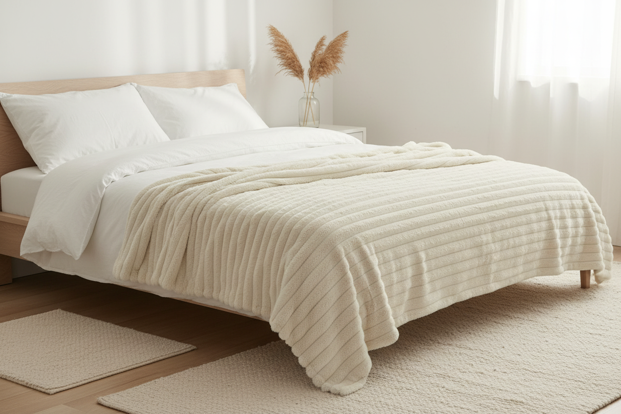 Striped Faux Fur Throw Blanket folded at the foot of a bed in a Scandinavian bedroom