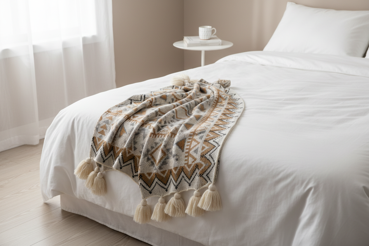 Boho Jacquard Tassel Throw folded at the foot of a bed in a Scandinavian bedroom