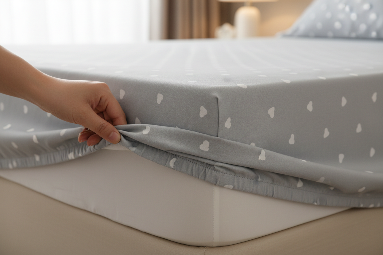 Light gray heart print fitted sheet corner showing 41cm deep pocket detail