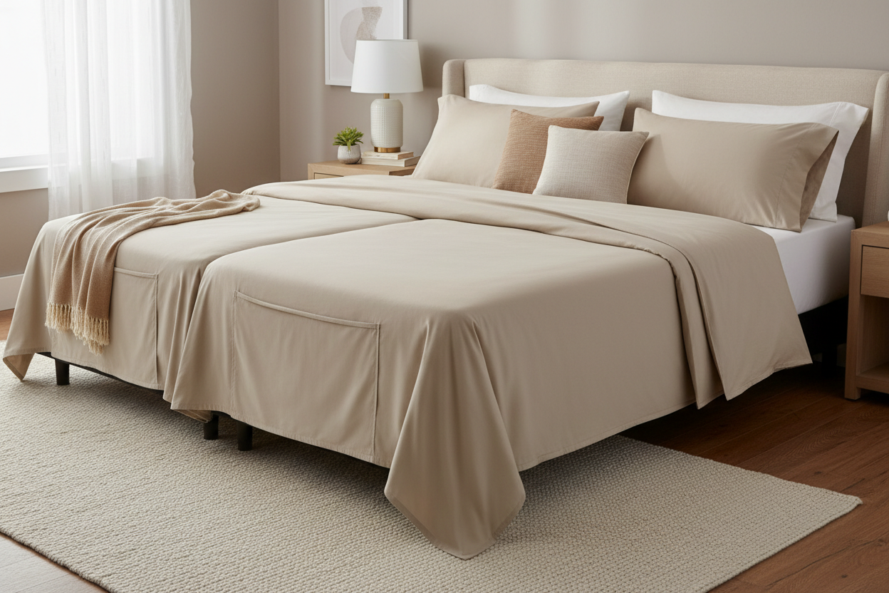 Beige extra deep split king sheet set on adjustable bed