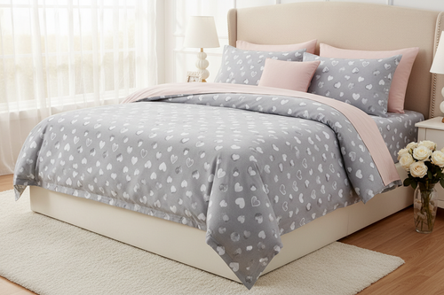 Light gray heart print sheet set foot-of-bed angle showing full bedding spread