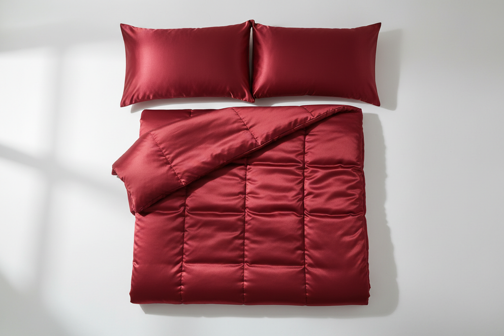 Flat lay overhead shot of red satin comforter set with two matching pillowcases on white surface