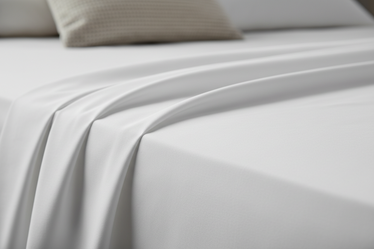 White double brushed microfiber sheet close-up silky fabric texture detail