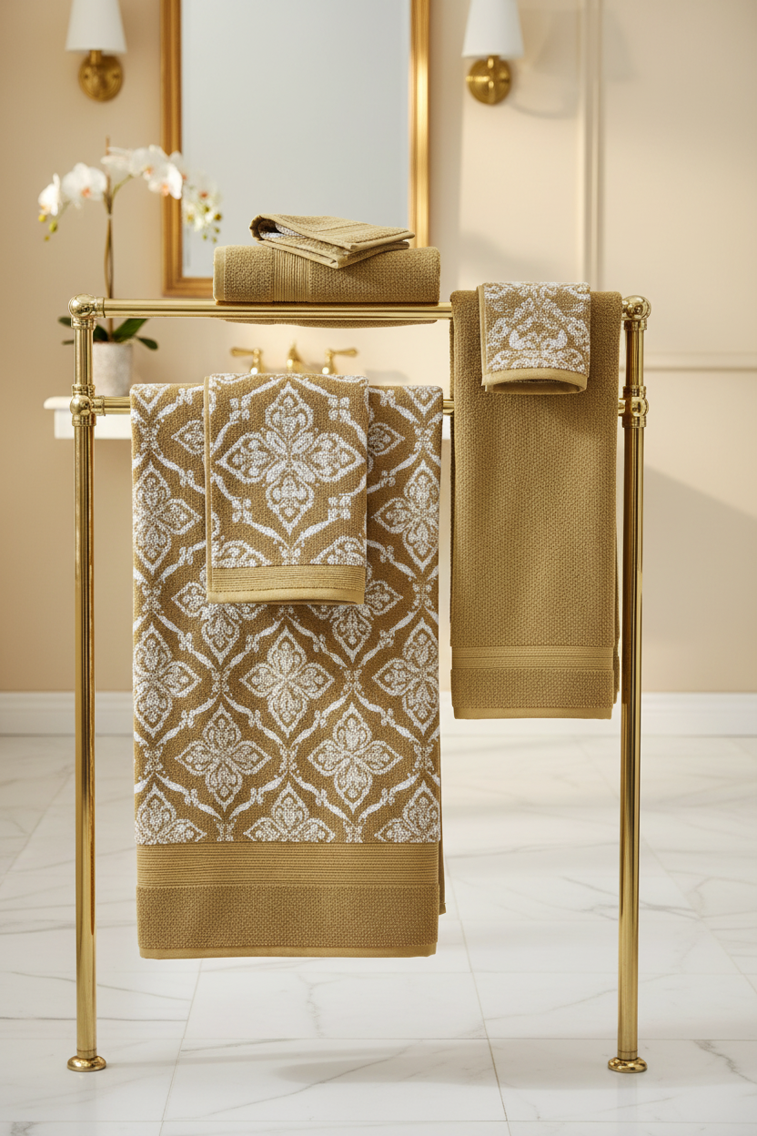 Gold jacquard bath and hand towels hanging on brass towel rail in luxury bathroom