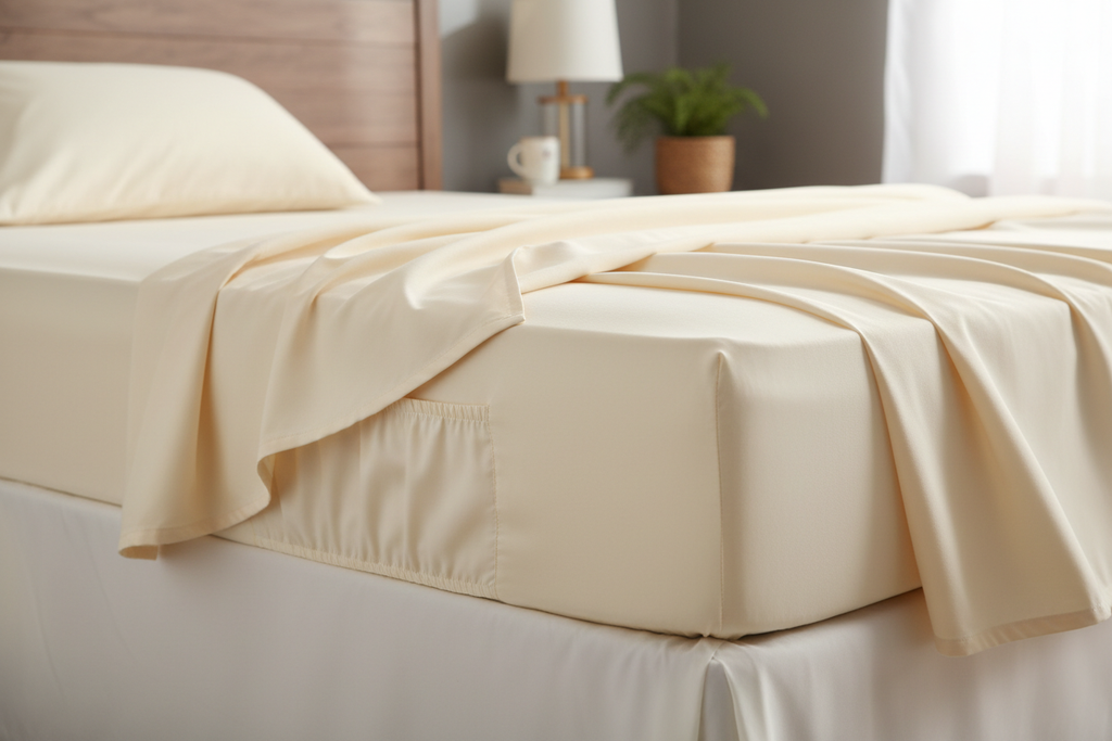 Ivory super king bed sheet set - foot of bed fabric detail