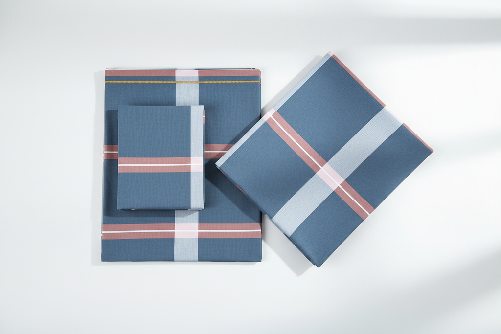 Flat lay overhead shot of blue plaid cotton sheet set with fitted sheet flat sheet and pillowcases on white surface