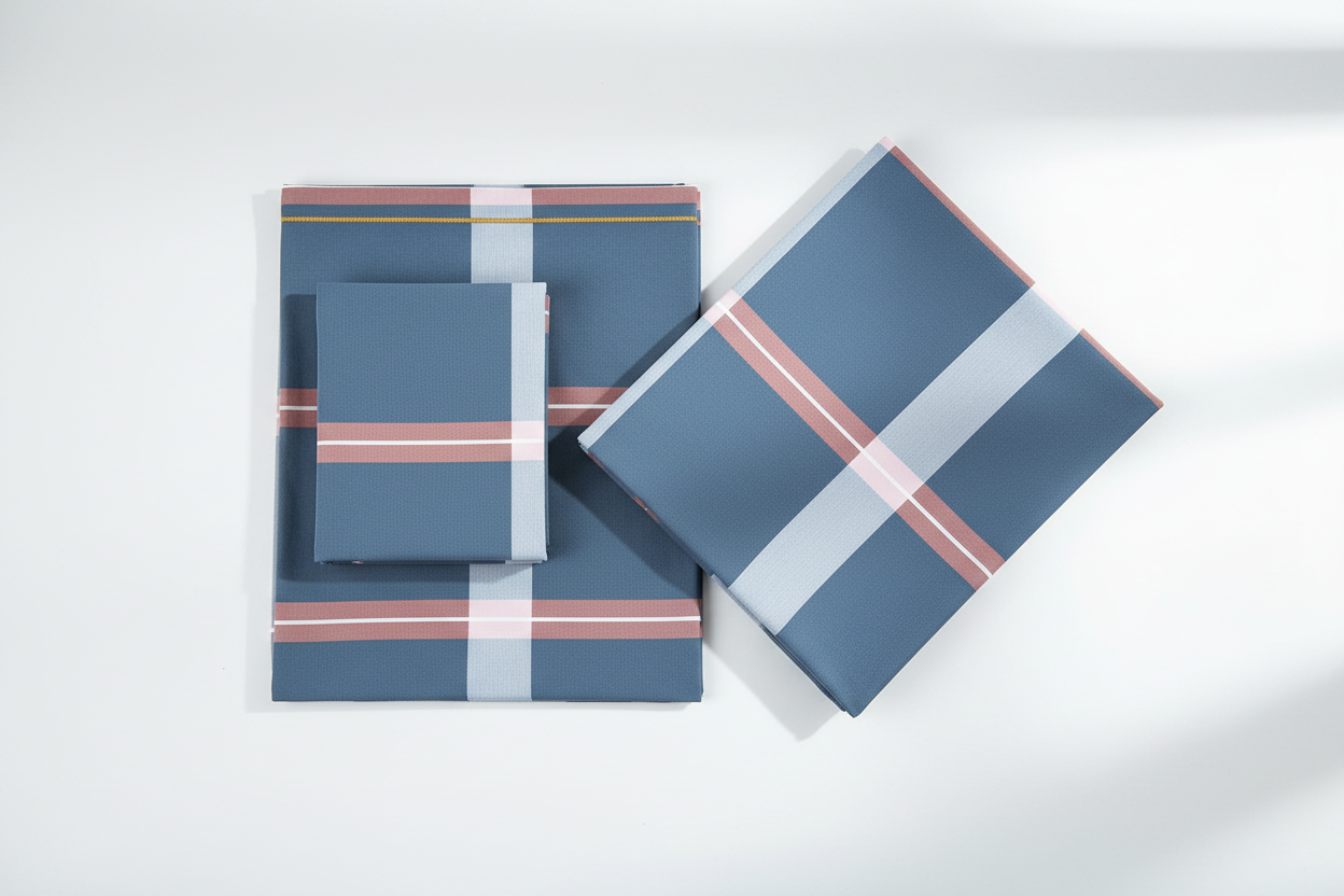 Flat lay overhead shot of blue plaid cotton sheet set with fitted sheet flat sheet and pillowcases on white surface