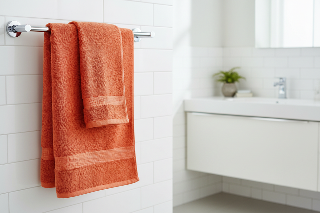 Tiger lily orange cotton bath towel hanging on chrome towel rail in white bathroom