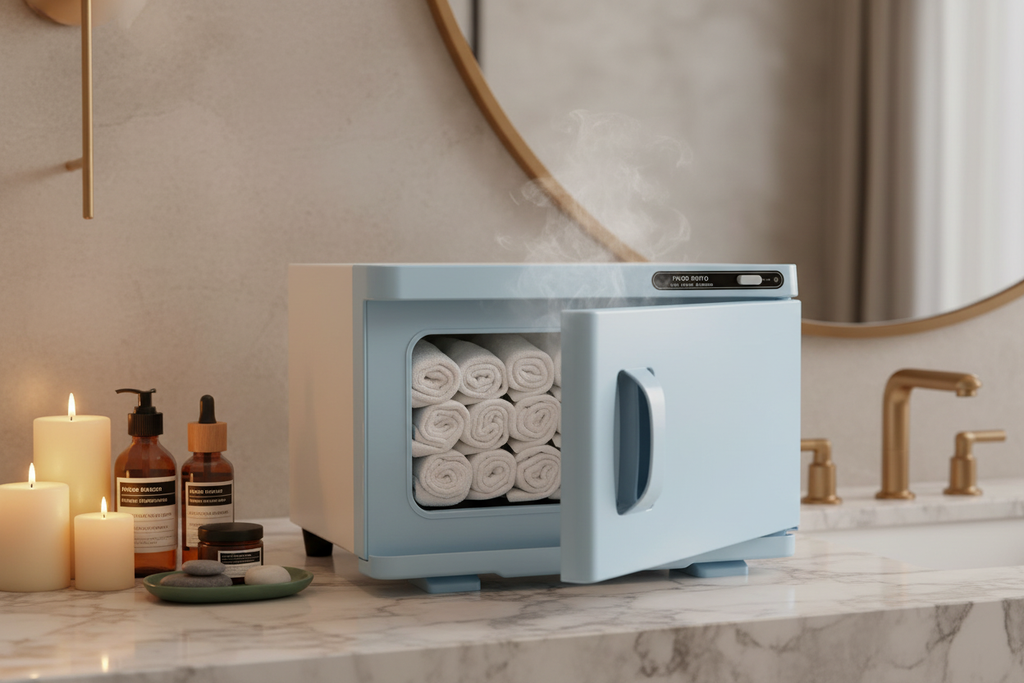 8L blue hot towel warmer cabinet - home bathroom setup with candles and skincare products