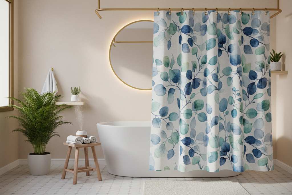 Blue eucalyptus shower curtain side angle showing full drape in spa-like bathroom