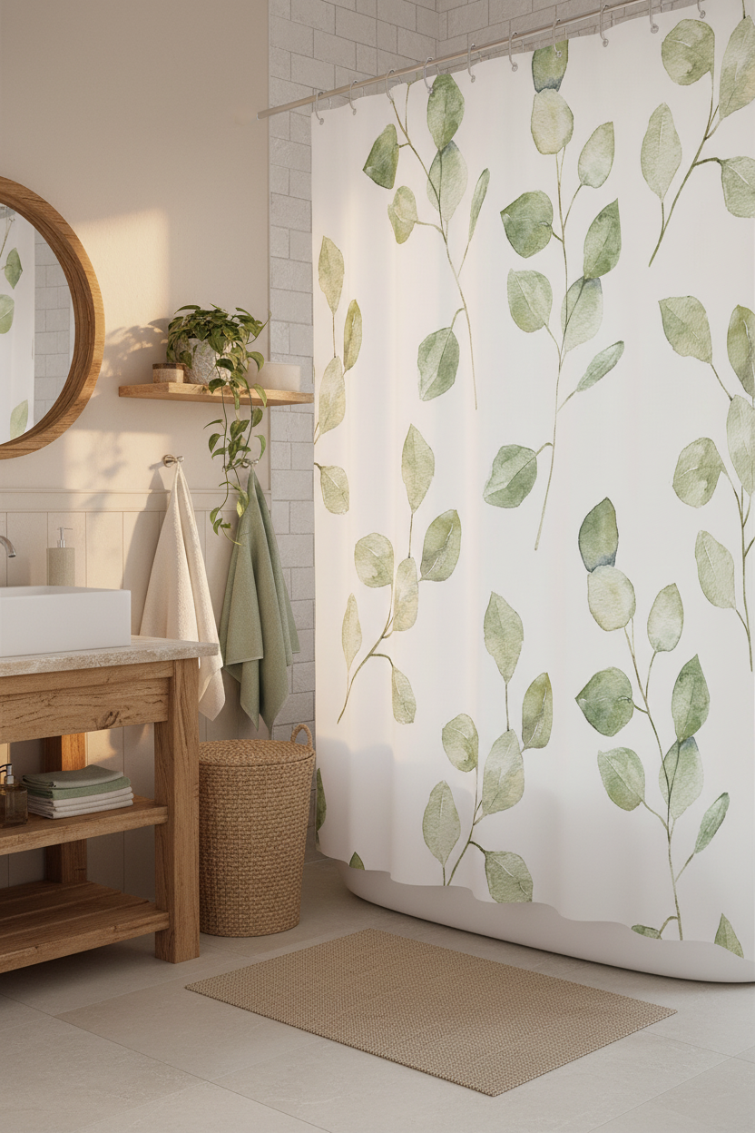White eucalyptus leaf print shower curtain in a warm boho bathroom with wood accents, rattan basket and green potted plants