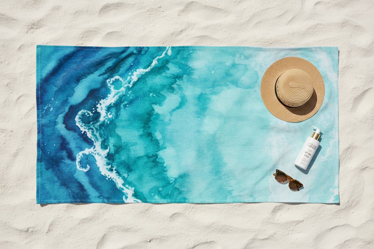 SUN'Y Laguna Beach Towel - overhead flat lay on white sand with beach accessories