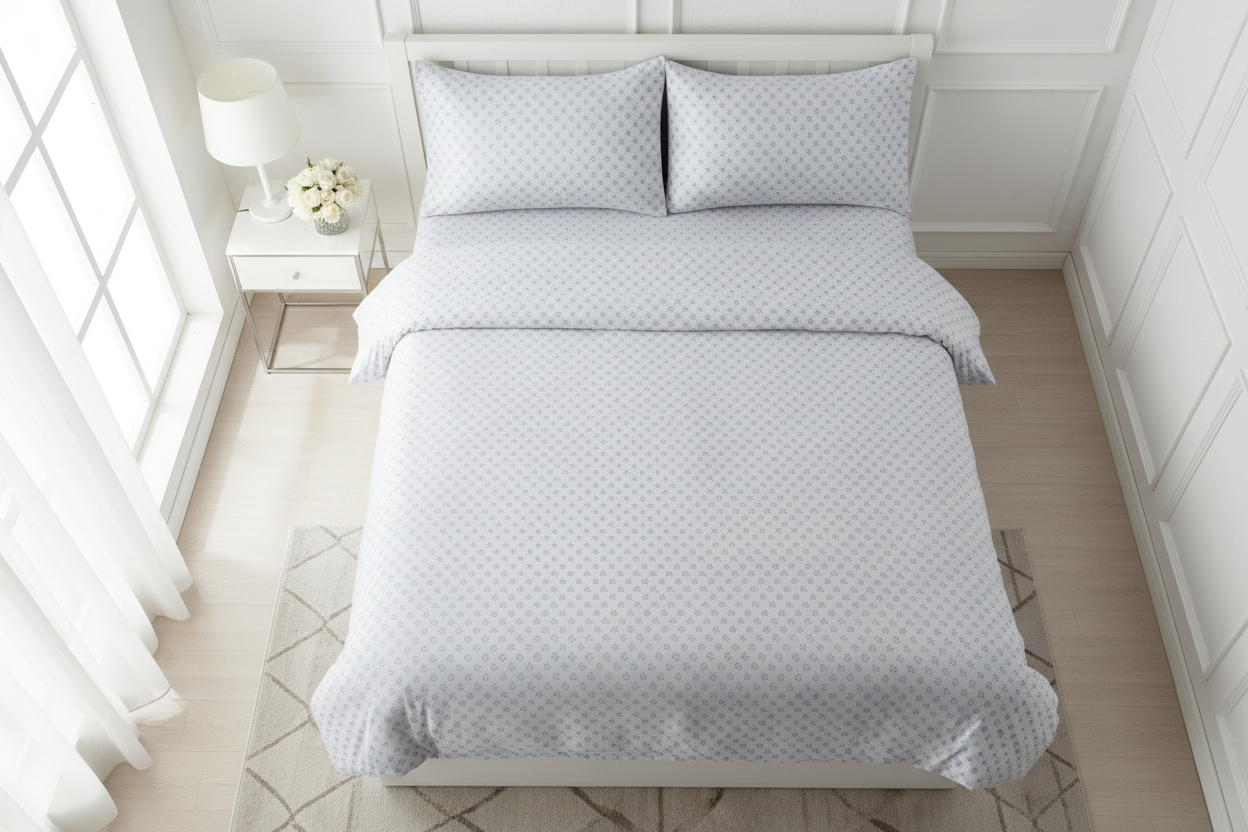 Light gray heart print microfiber super king sheet set flat lay on bed