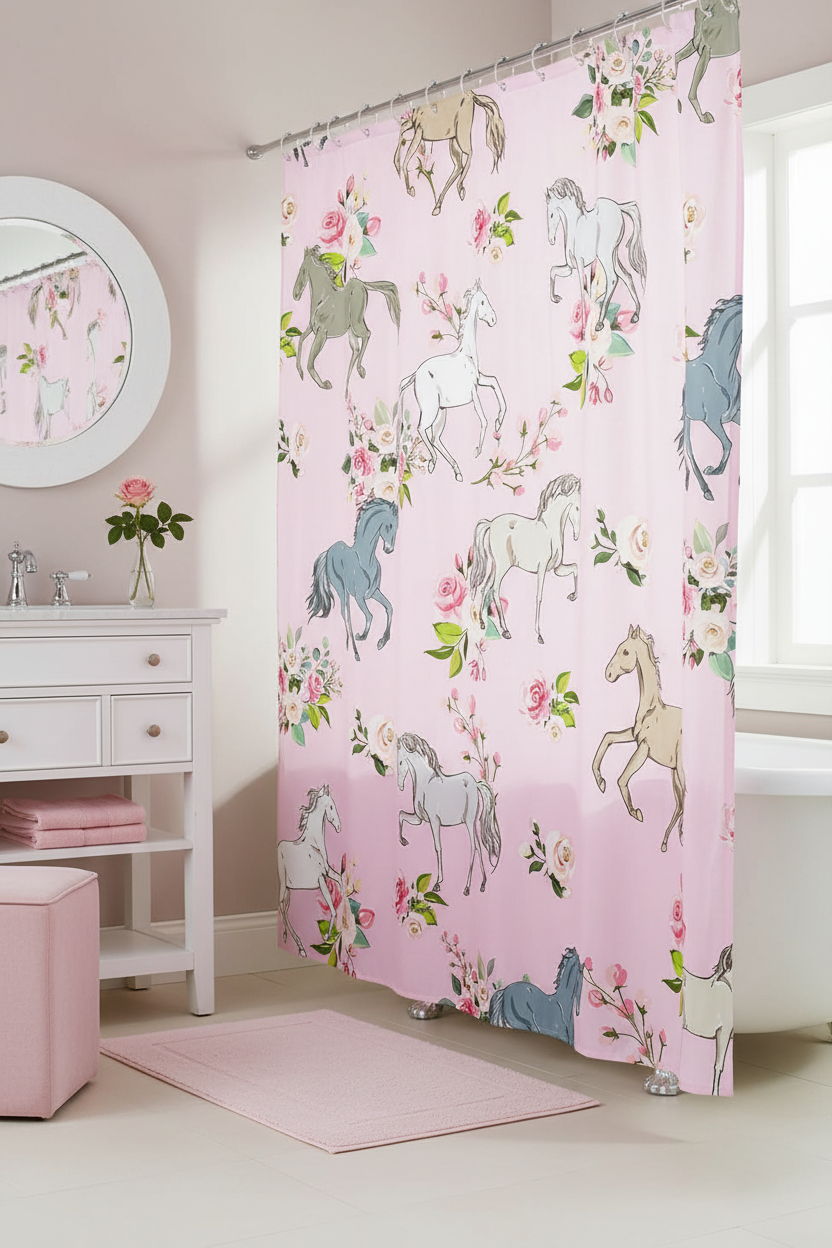 Pink horse and floral rose print shower curtain in a bright girls bathroom with white furniture, round mirror and soft pink accents