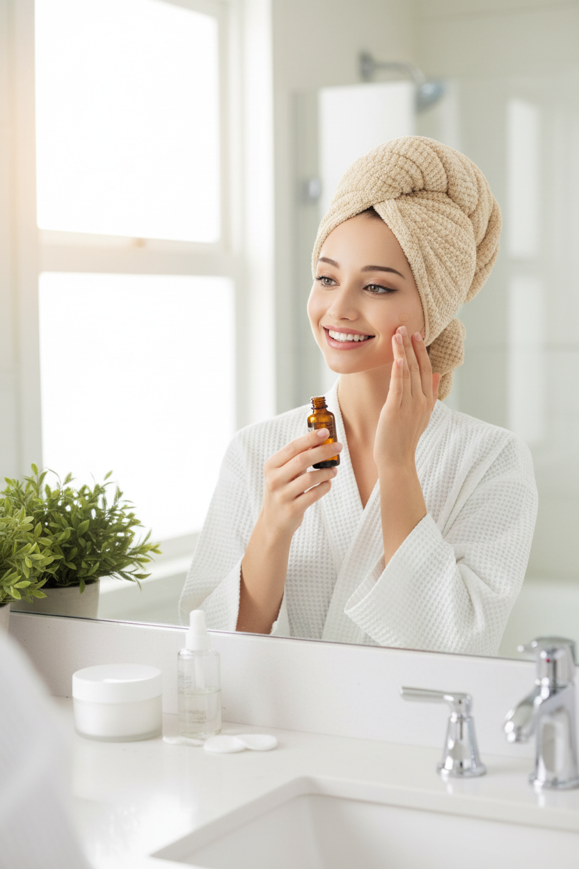 Woman wearing a camel microfibre waffle hair towel wrap doing her skincare routine at a bathroom mirror