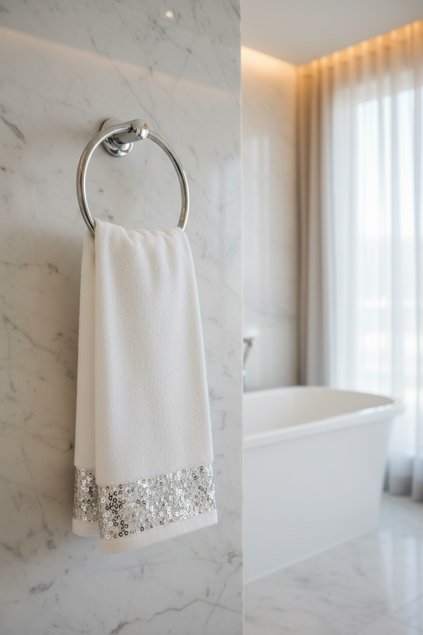 Sinatra white hand towel with silver sequin border on chrome towel ring in luxury bathroom