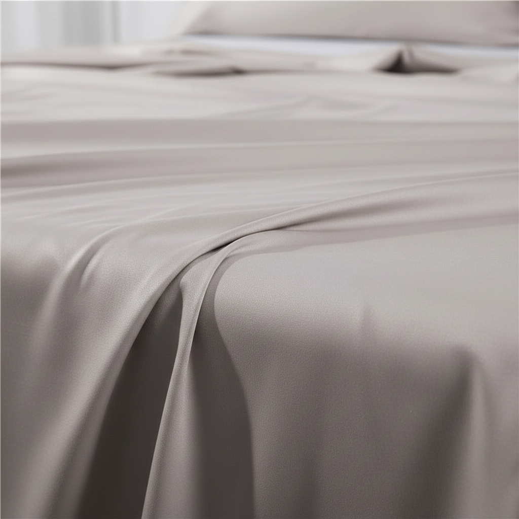 Close-up of cotton satin bed sheet fabric showing smooth satin weave texture