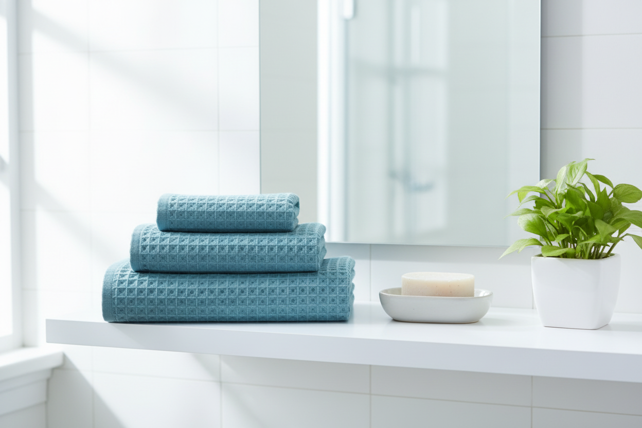 Blue cotton waffle honeycomb bath towel folded on a white bathroom shelf