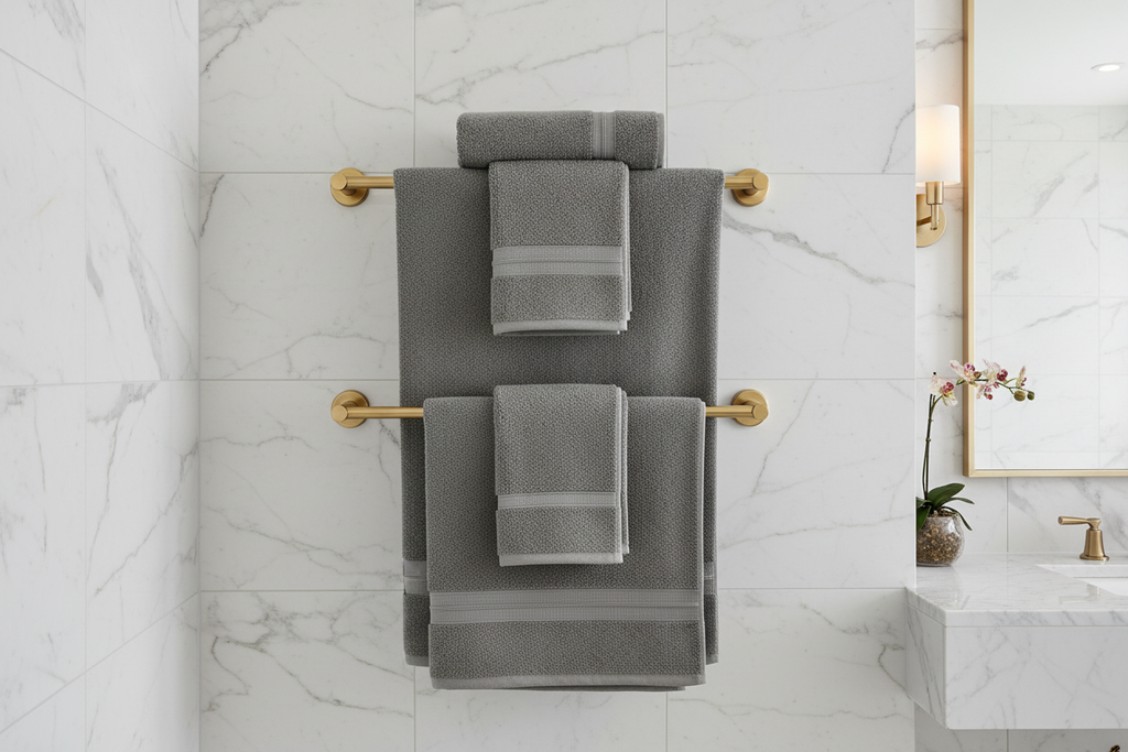 Grey Turkish cotton bath towels hanging on a brushed gold towel rail in a luxury bathroom