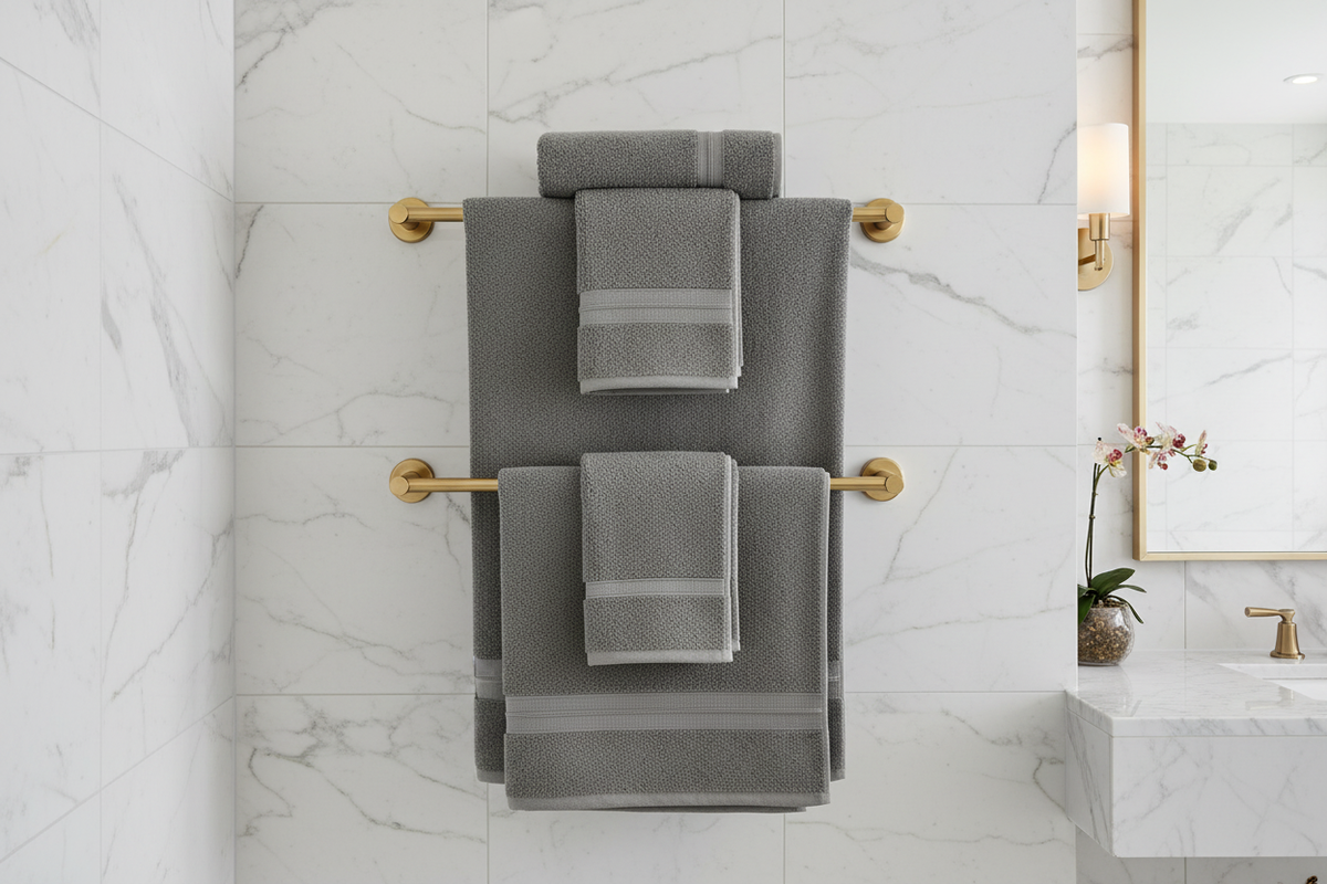 Grey Turkish cotton bath towels hanging on a brushed gold towel rail in a luxury bathroom