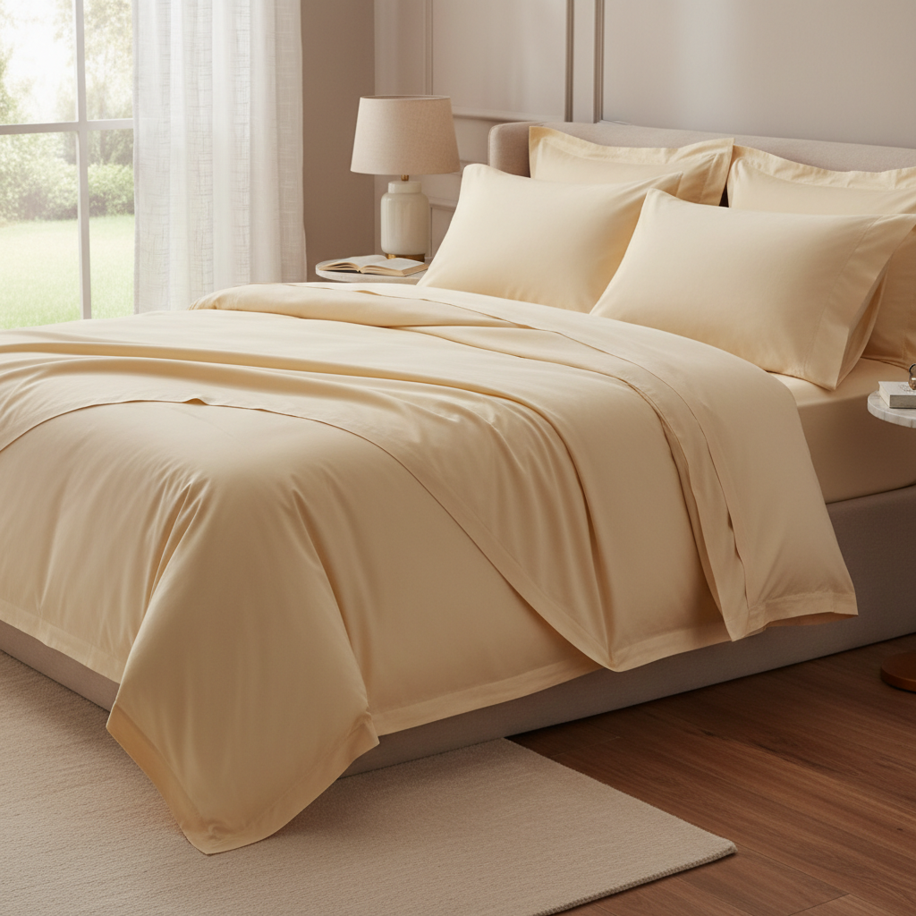 480TC Luxury Sateen Super King Sheet Set Cream - 45 degree side view sheet folded back