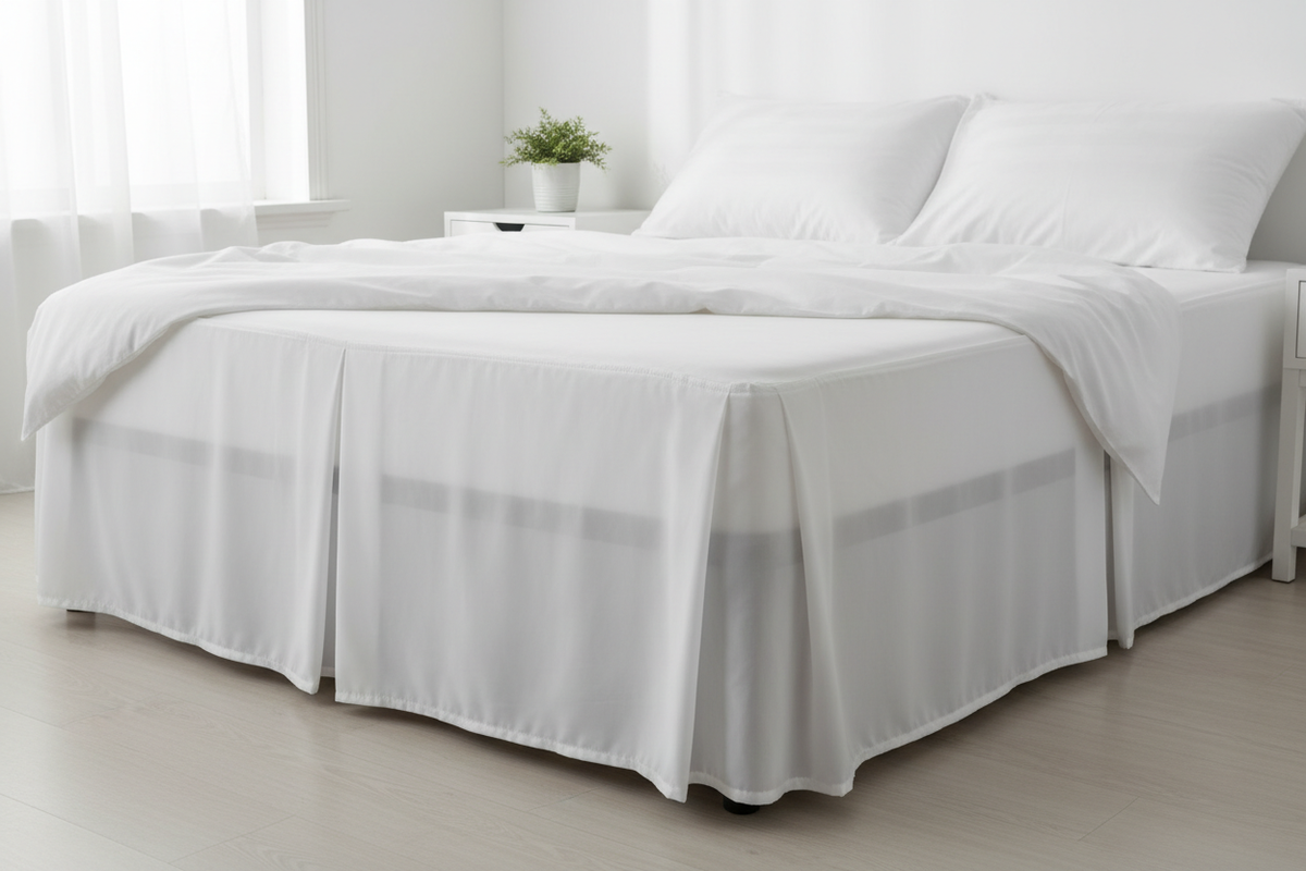 Clear white pleated microfiber bed skirt on bed