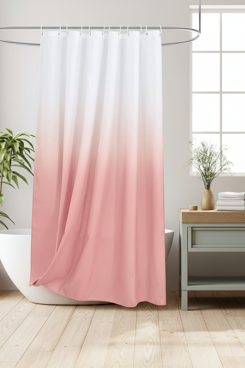 White to dusty rose ombre shower curtain in a bright Scandinavian bathroom with wooden floor and natural daylight