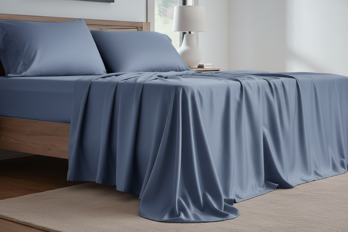 Stormy blue TENCEL sheet set side angle with fitted sheet tucked around mattress