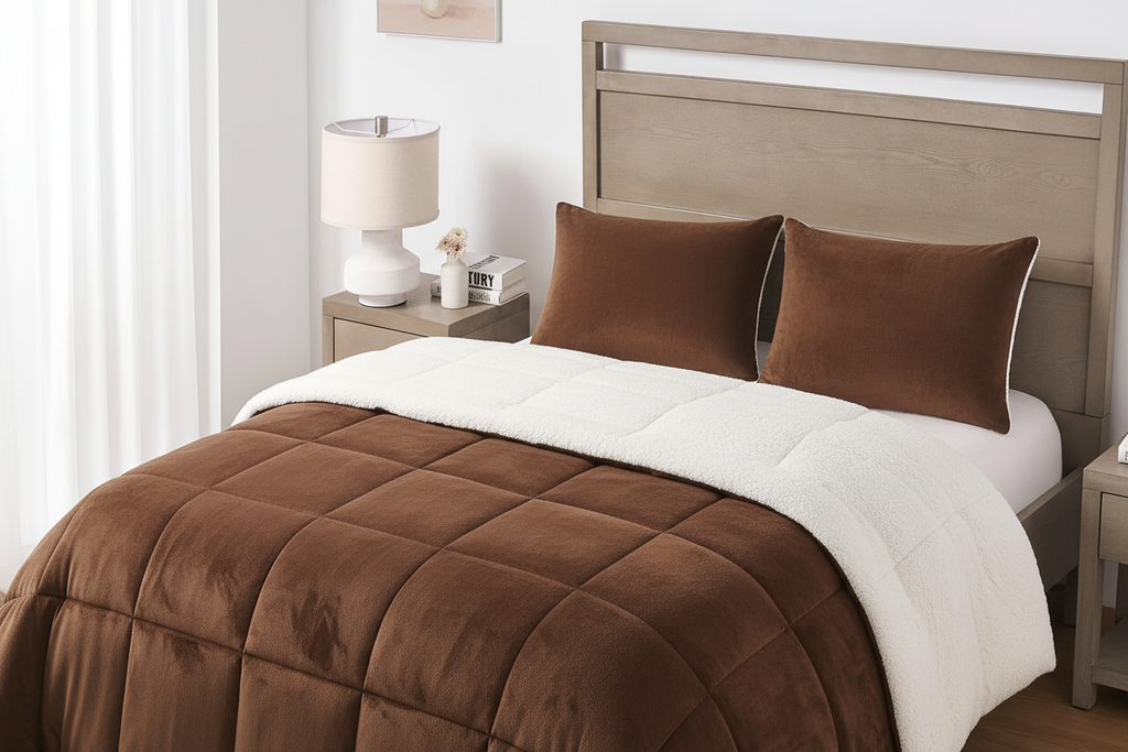 Brown sherpa comforter set front-facing view on a neatly made king bed with warm brown micromink top and cream sherpa reverse