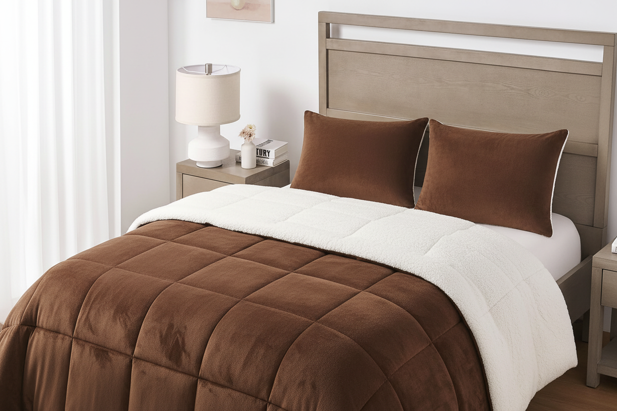 Brown sherpa comforter set front-facing view on a neatly made king bed with warm brown micromink top and cream sherpa reverse
