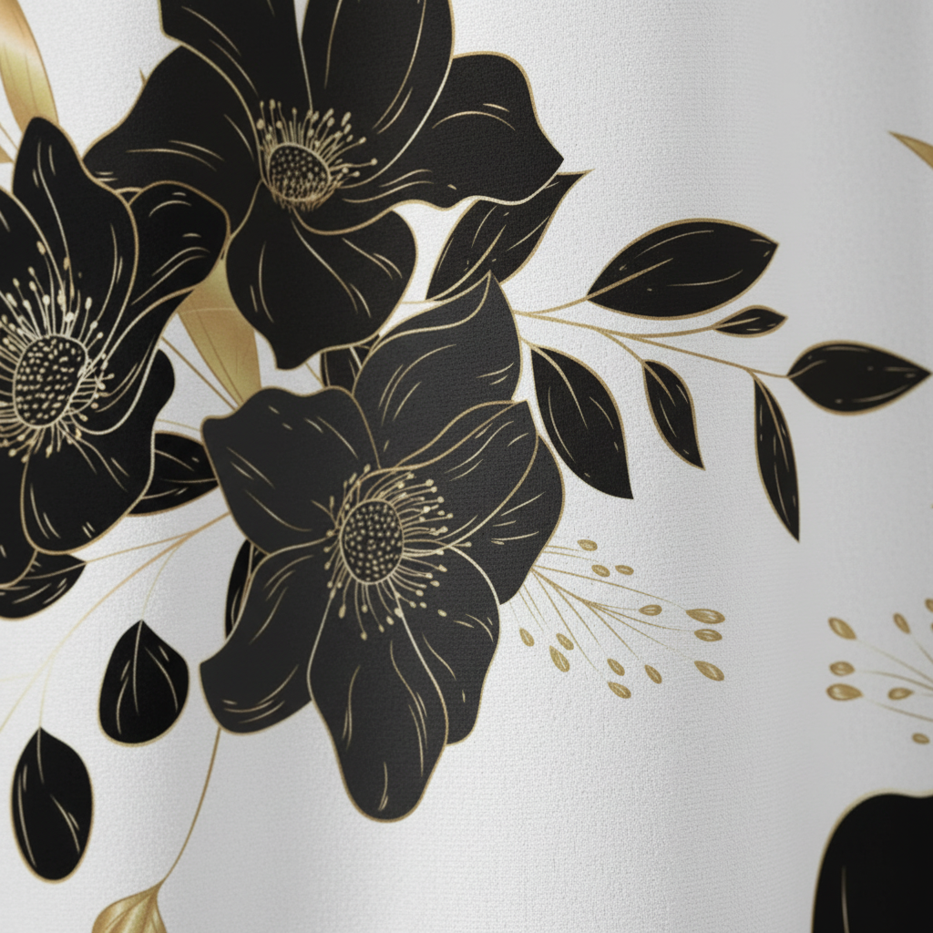 Close-up of black floral and gold leaf HD printed shower curtain fabric detail