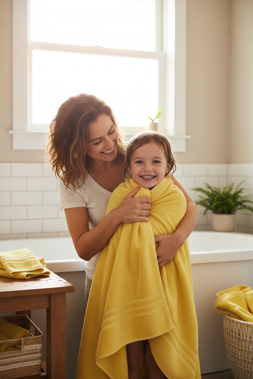 Woman wrapping child in bright yellow cotton bath towel after bath time