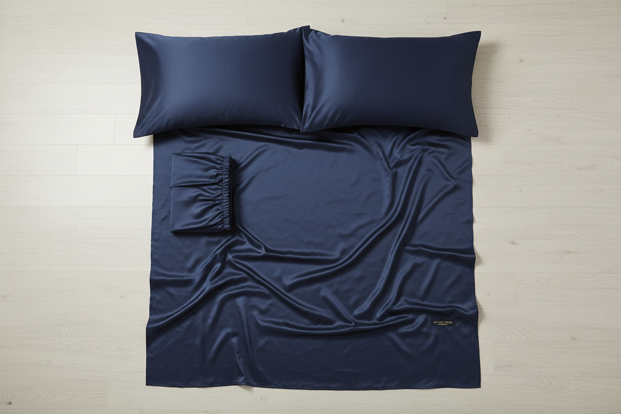 Navy blue Egyptian cotton sateen sheet set overhead flat lay of all 4 pieces