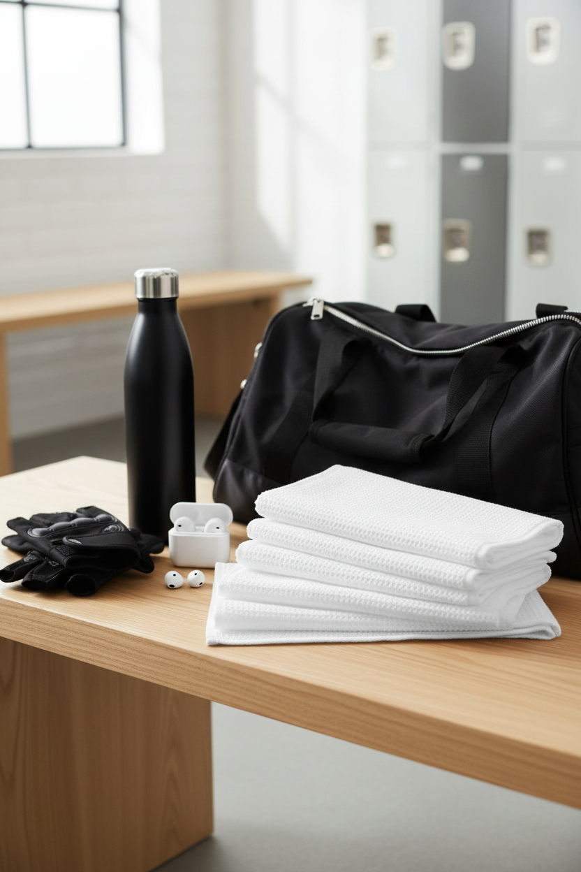White disposable body towels in gym bag with water bottle and earphones