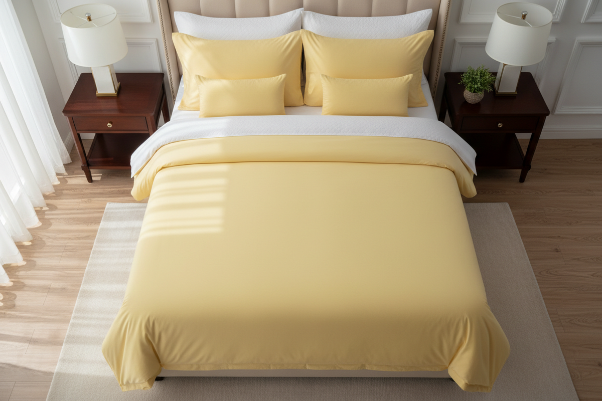 Mellow yellow microfiber super king bed sheet set flat lay on super king bed