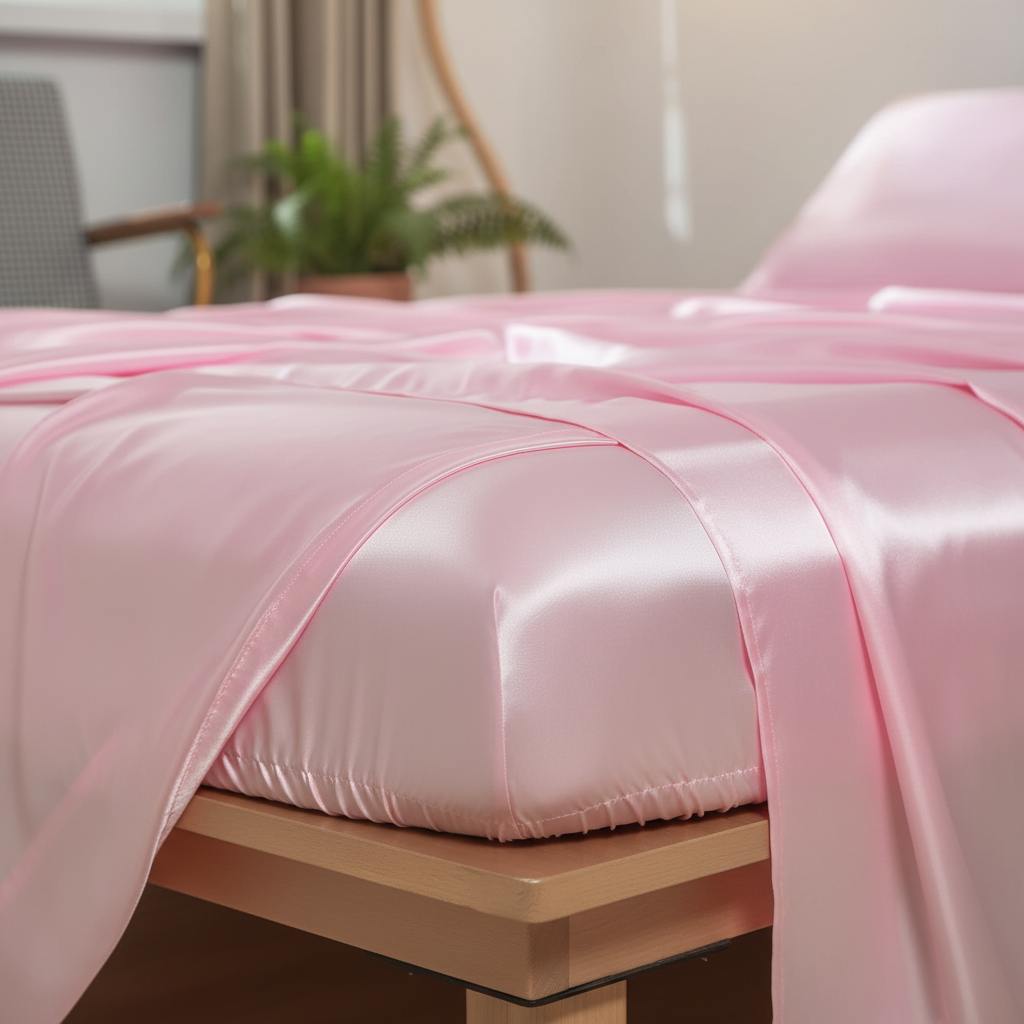 Pink satin fitted sheet corner detail showing deep pocket